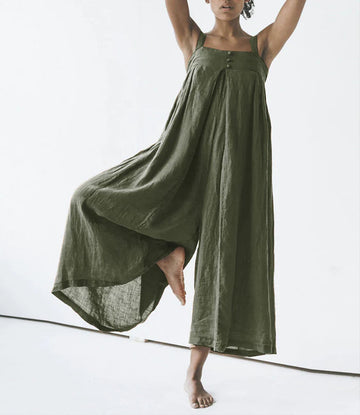 Women's cotton and linen solid color casual jumpsuit