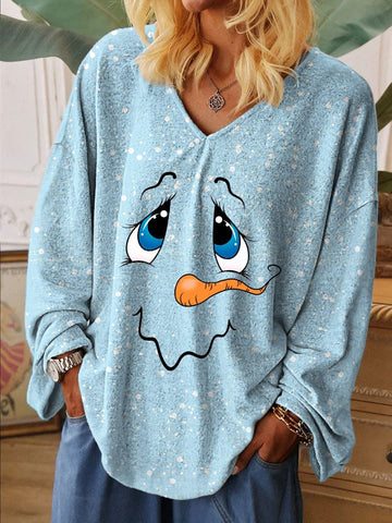Women's Christmas Snowman Print Casual V-Neck Long Sleeve T-Shirt