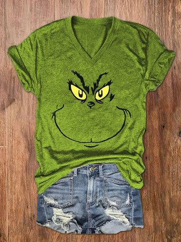 Women's Christmas Print V-Neck Short Sleeve T-Shirt