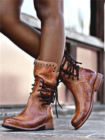 Wisherryy Vintage Washed Studded Laced Boots