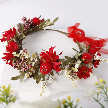 Bridal Flower Crown - Christmas Red Hibiscus Flower & Berry