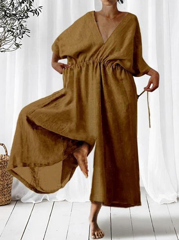 Casual Solid Color Short-Sleeved Jumpsuit