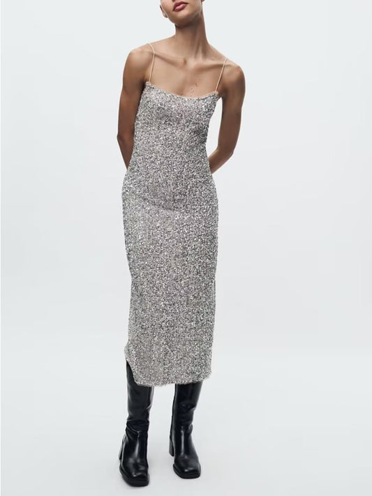 XMAS Sequin Midi Slip Dress In Silver