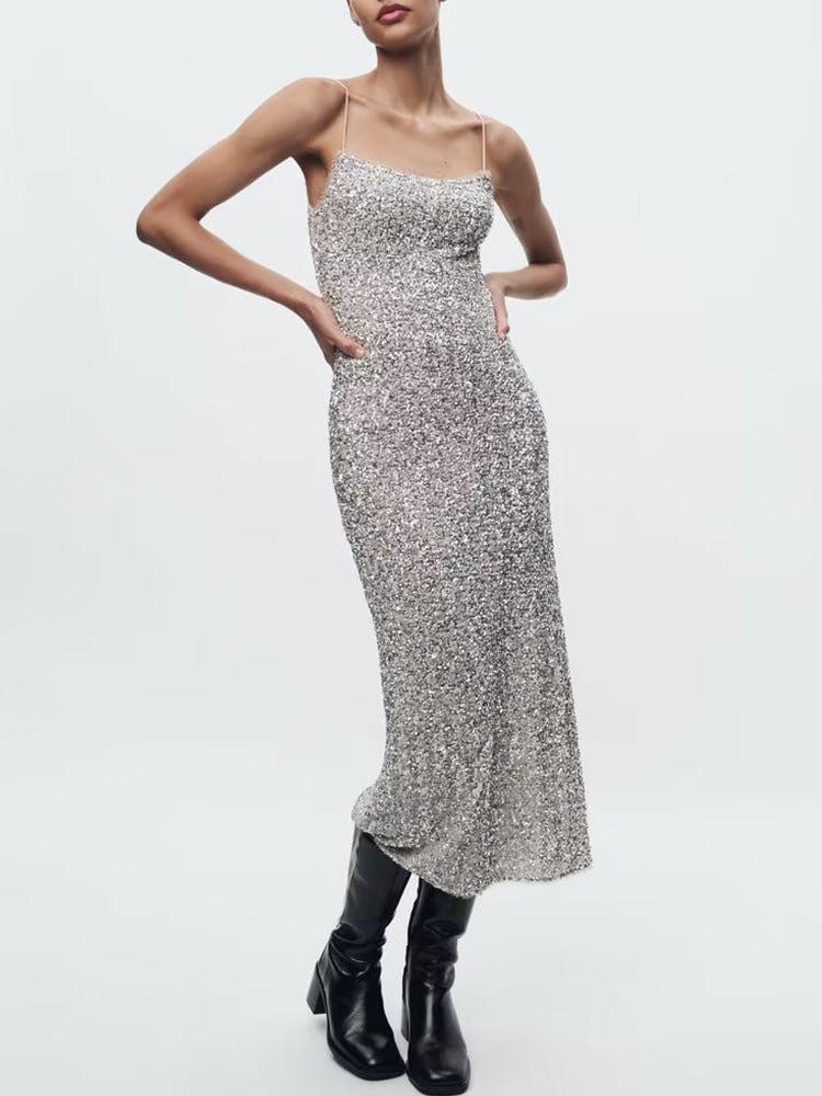 XMAS Sequin Midi Slip Dress In Silver