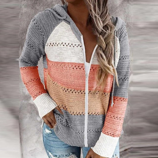 Casual Contrast Panel Striped Hooded Knit Cardigan