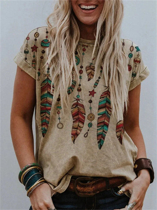 Wisherryy Western Ethnic Feathers Graphic T Shirt