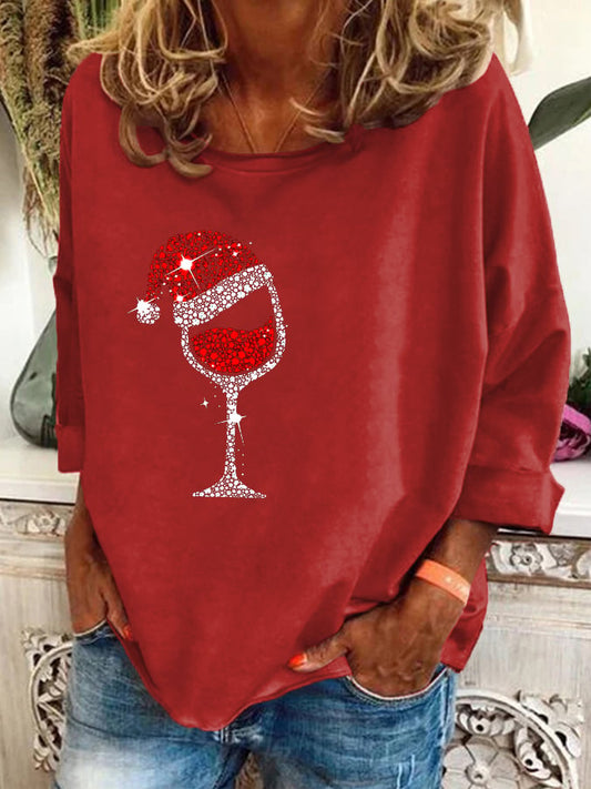 Women's Christmas Red Wine Glass Casual Top