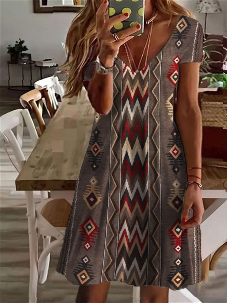 Western Ethnic Aztec V Neck Midi Dress