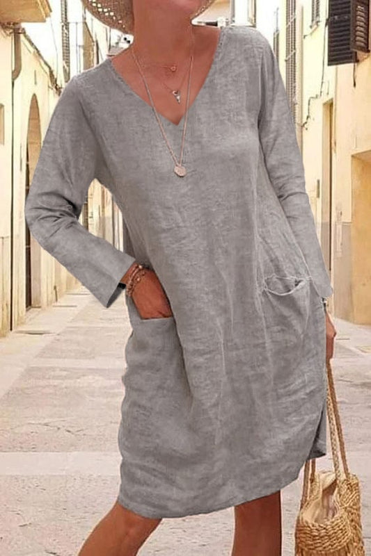 Women's  Solid Color V-Neck Loose Cotton Linen Long Sleeve Dress