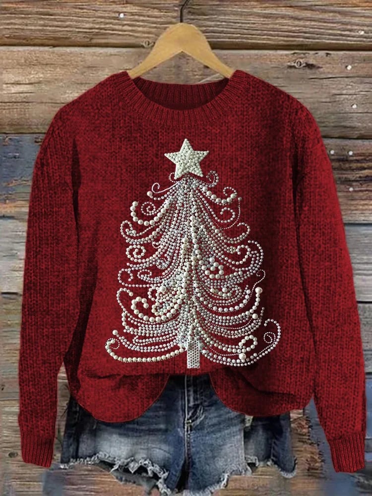 Women's Classy Christmas Tree Print Crew Neck Sweatshirt( Printed Tree Not Real Jewelry)