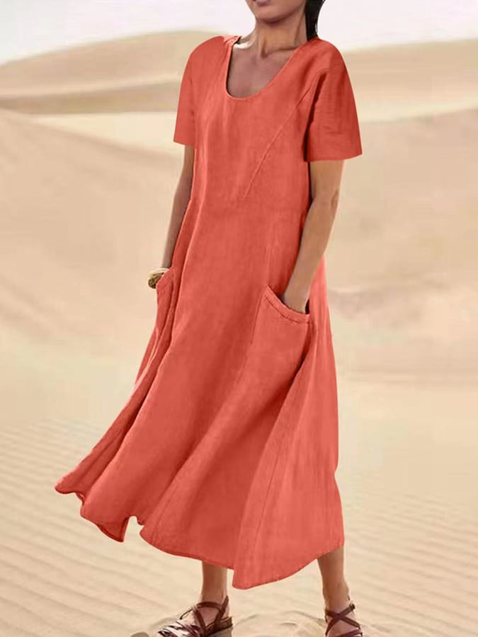 Solid Cotton Linen Pocket Short Sleeve Round Neck Dress