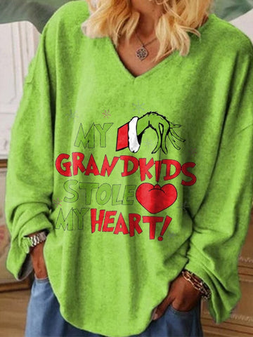 Women My Grandkids Stold My Heart Christmas Print Casual Shirt