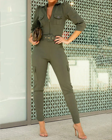 Fashion Solid Color Zipper Slim Jumpsuit