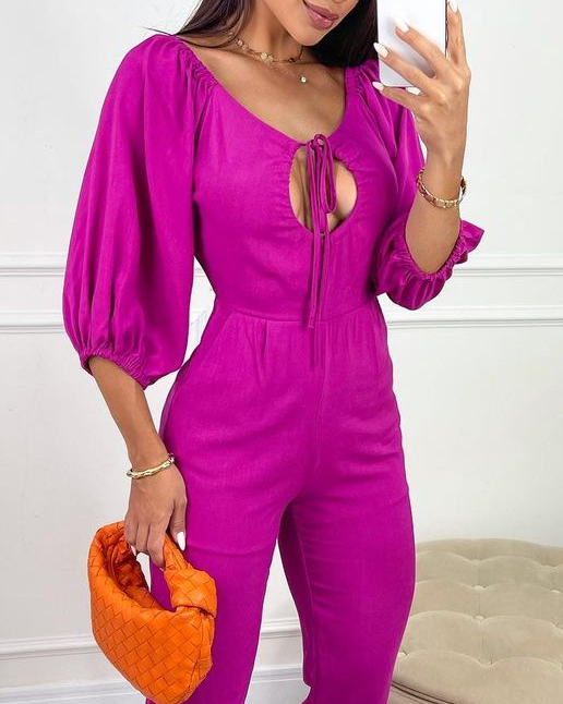 Solid color cutout tie jumpsuit