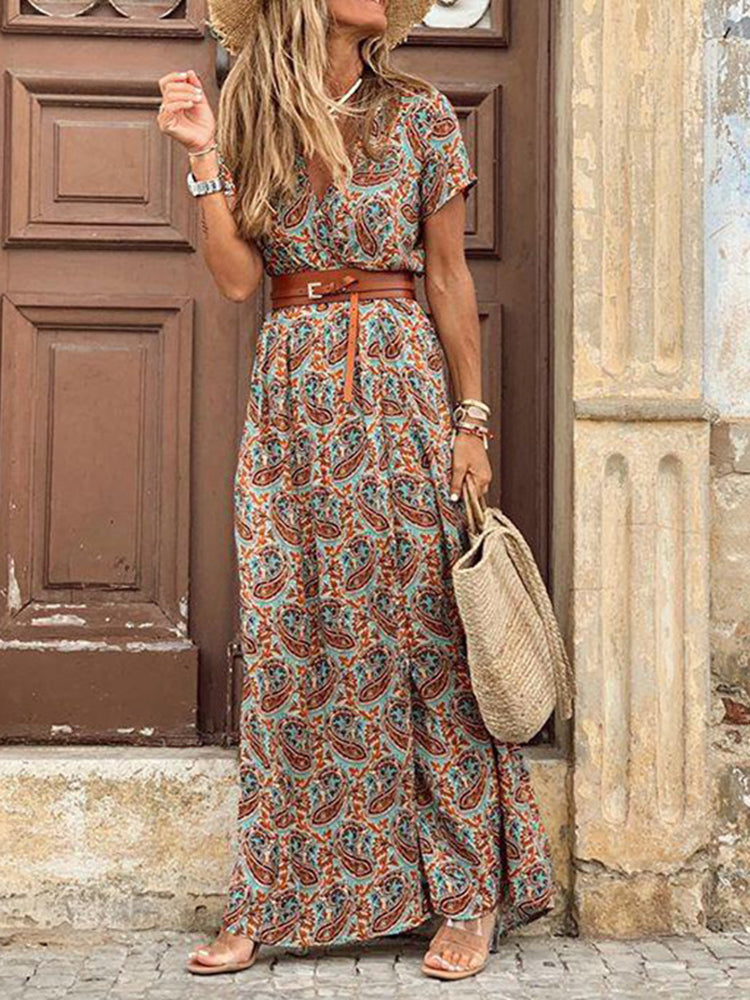 Wisherryy Short Sleeve V-Neck Print Maxi Dress