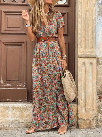 Wisherryy Short Sleeve V-Neck Print Maxi Dress