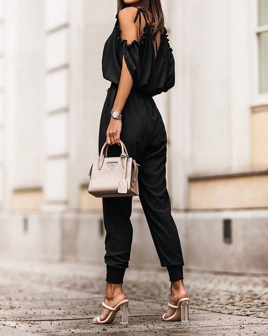 V-neck Pocket Solid Color Jumpsuit