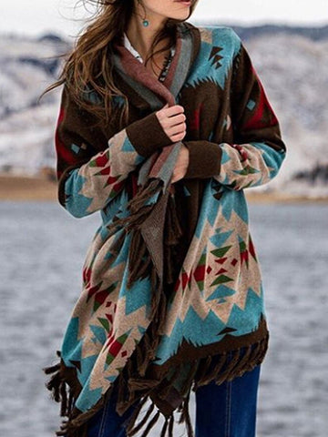 Ethnic Print Fringed Casual Cardigan