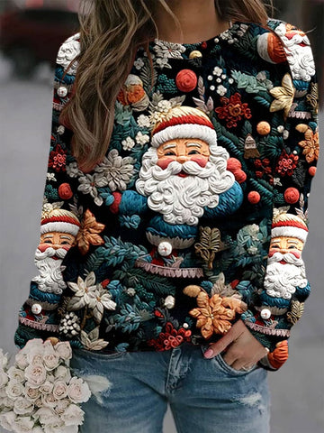 Women's Christmas Flower Santa Claus Print Casual Sweatshirt