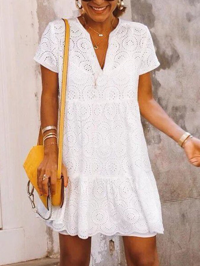 V-Neck Hollow Lace Dress