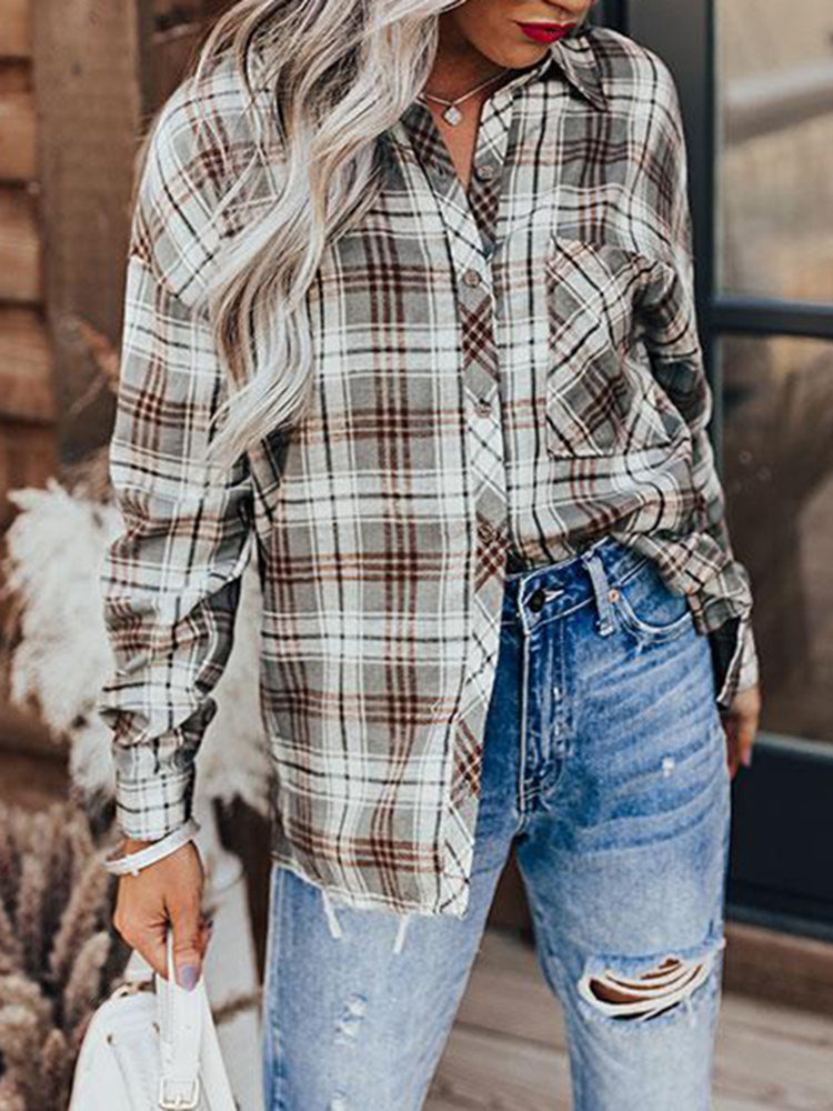 Vintage Plaid Lapel Long Sleeve Shirt