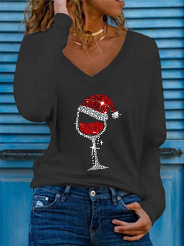 Women's Merry Christmas Wine Glass Casual Long-Sleeve T-Shirt