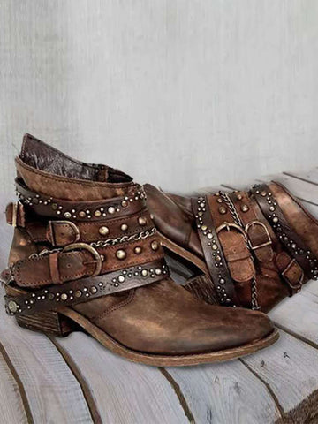 Wisherryy Vintage Washed Studded Buckles Ankle Boots