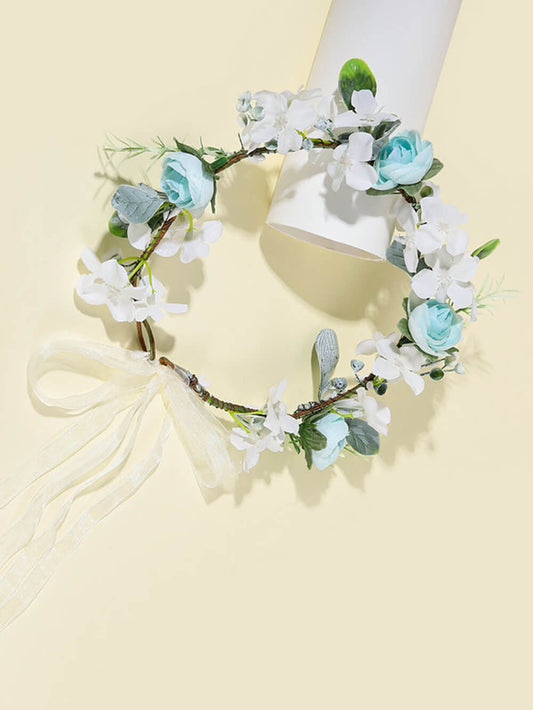 Bridal Flower Crown - White Verbena & Blue Roses Wreath