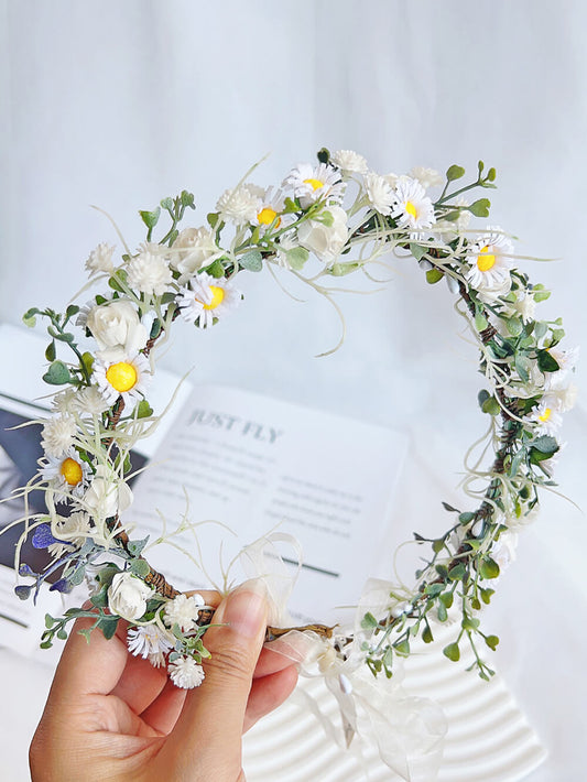 Bridal Flower Crown - Small White Daisy Eucalyptus Leaves