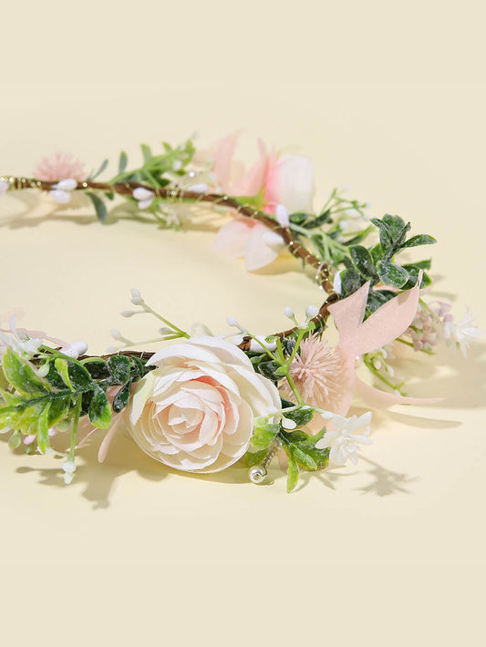 Bridal Flower Crown - Pink Dahlia Chrysanthemum & White Roses