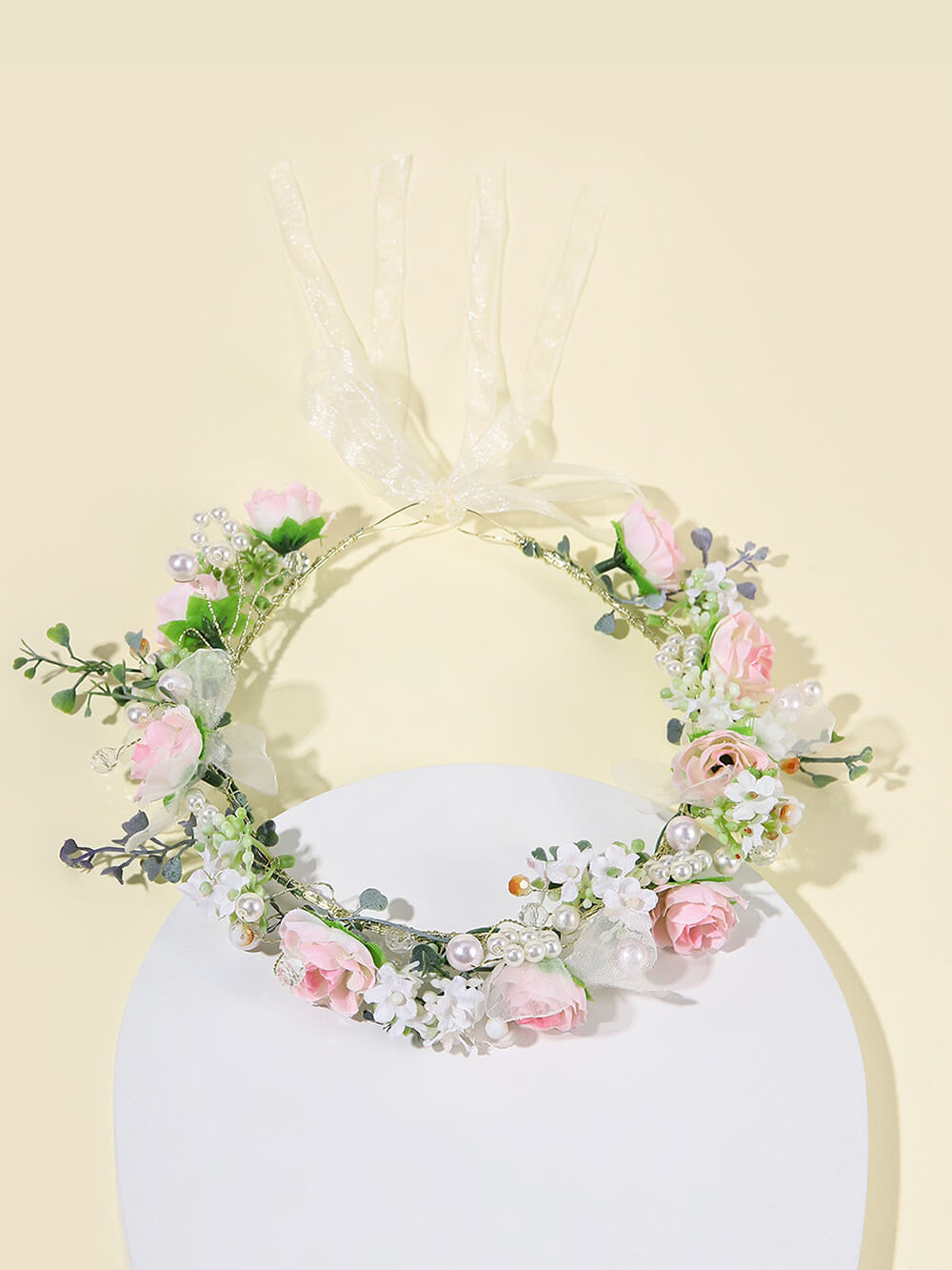 Bridal Flower Crown - Dreamed White Pearl Pink Roses