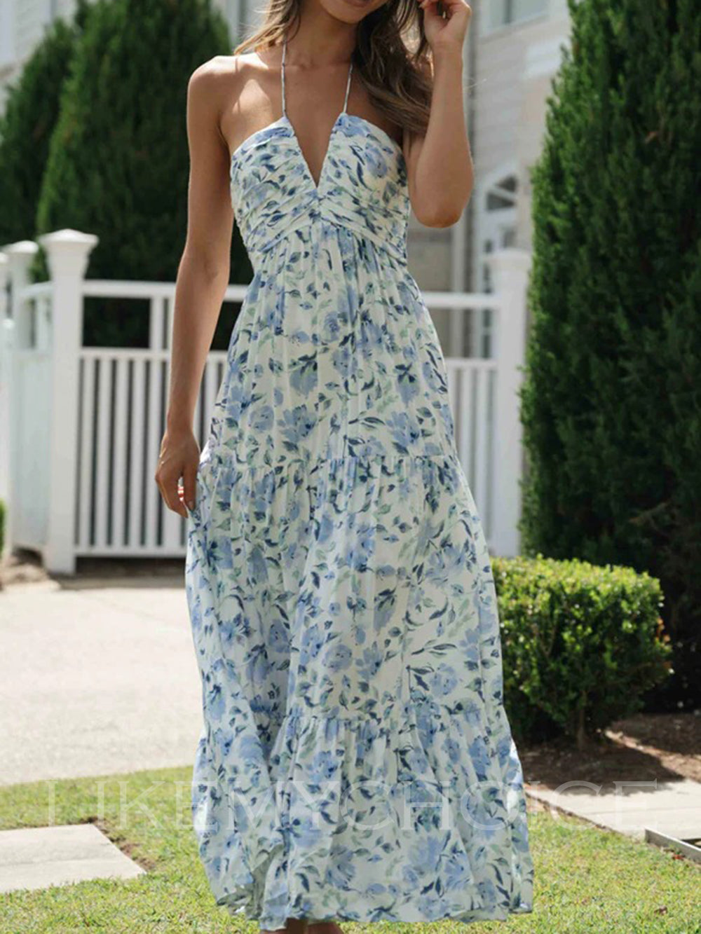 Halter Floral Print Chiffon Maxi Dress