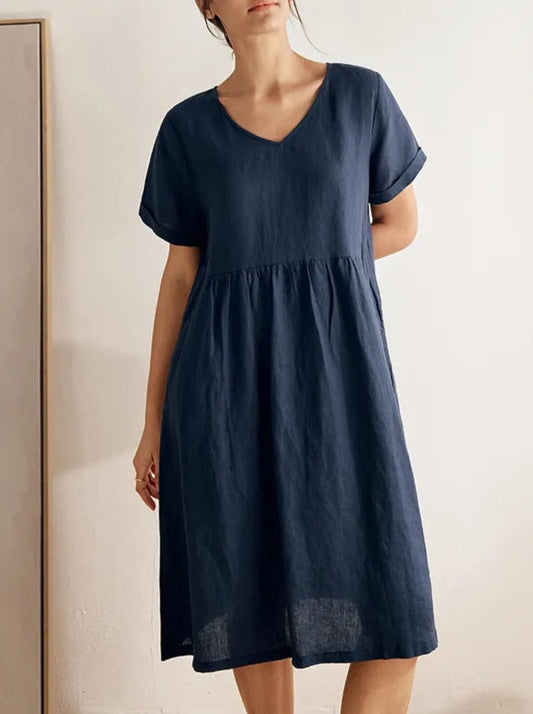 100% LINEN V-NECK WAIST RUCHED POCKET DRESS