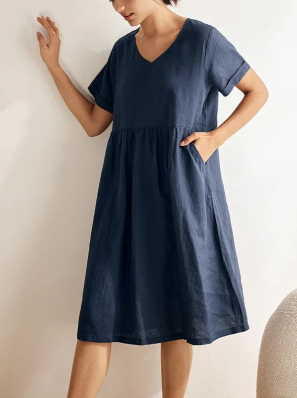 100% LINEN V-NECK WAIST RUCHED POCKET DRESS