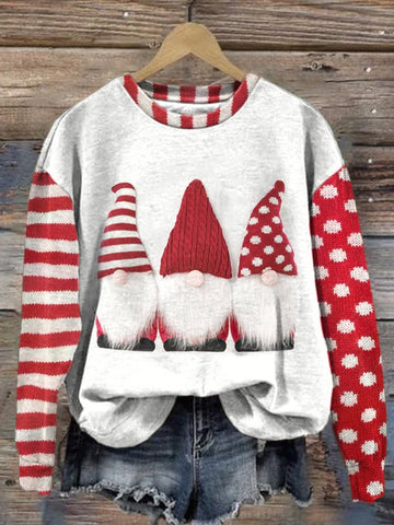 Women'S Christmas Gnome Patchwork Print Round Neck Sweatshirt