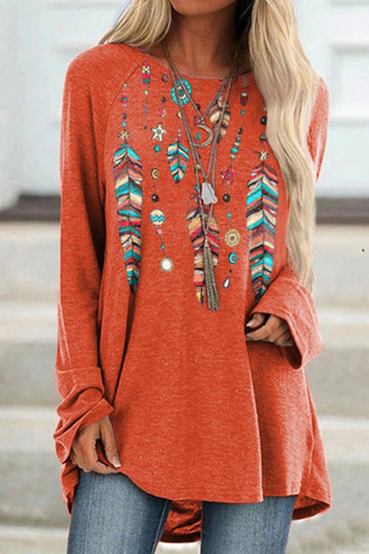 Casual Western Feather Print Tunic