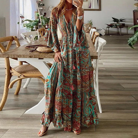 Women‘s Boho Floral Pattern Flared Sleeve Maxi Dress