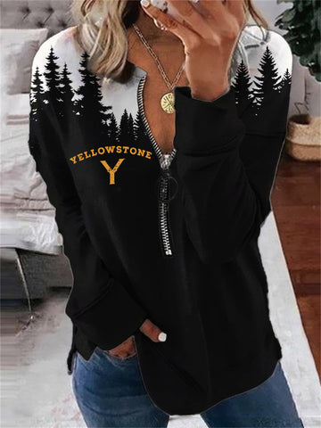 Western Logo Forest Print Zip Up Sweatshirt