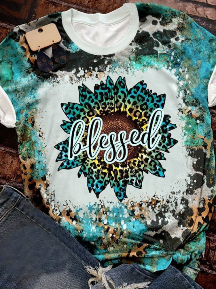 Blessed Sunflower Cow Pattern Leopard Print T Shirt