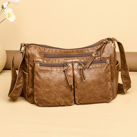 Retro Real Washed Leather Motorcycle Bag Soft Leather Fashion Double Bag Shoulder Diagonal Women's Bag