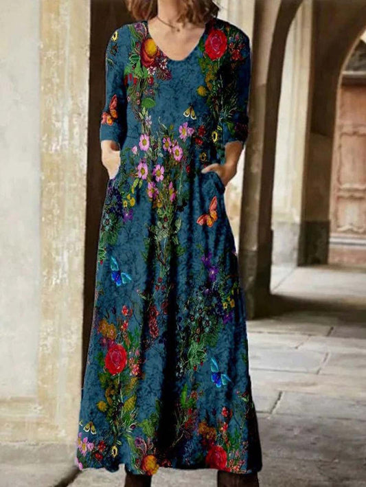 Women V-neck Floral Pattern Pocket Long Sleeve Maxi Dress