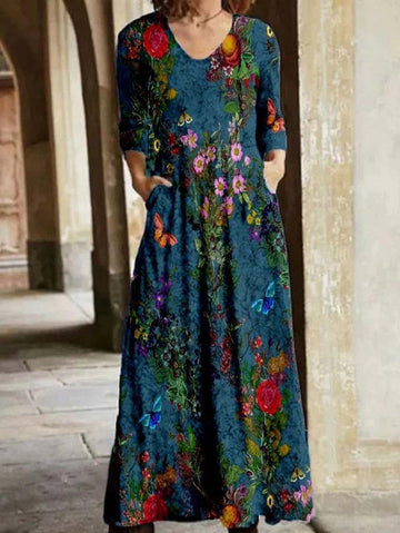 Women V-neck Floral Pattern Pocket Long Sleeve Maxi Dress