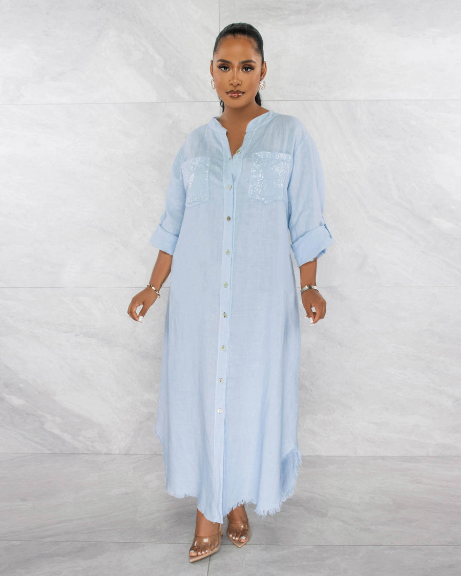 SEQUINS POCKETS BUTTONED SHIRT LINEN DRESS