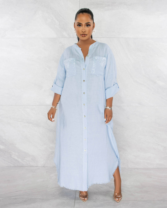 SEQUINS POCKETS BUTTONED SHIRT LINEN DRESS