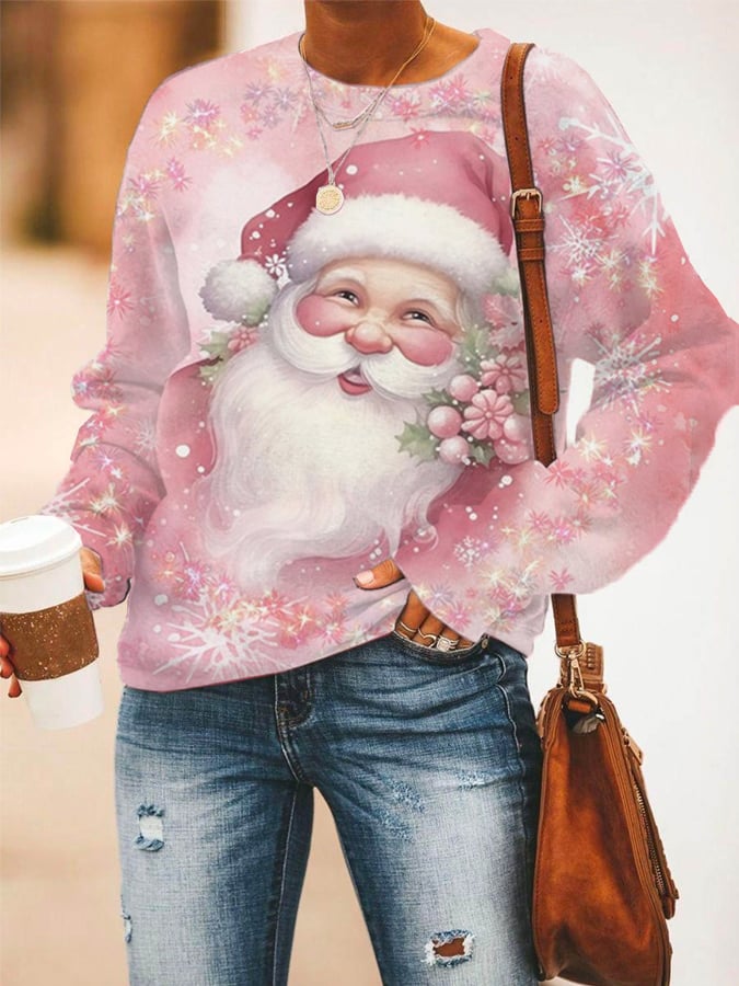 Women'S Vinter Pink Santa Christmas Print Casual Sweatshirt