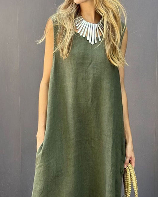 Solid Color Sleeveless Loose Cotton-Linen Dress