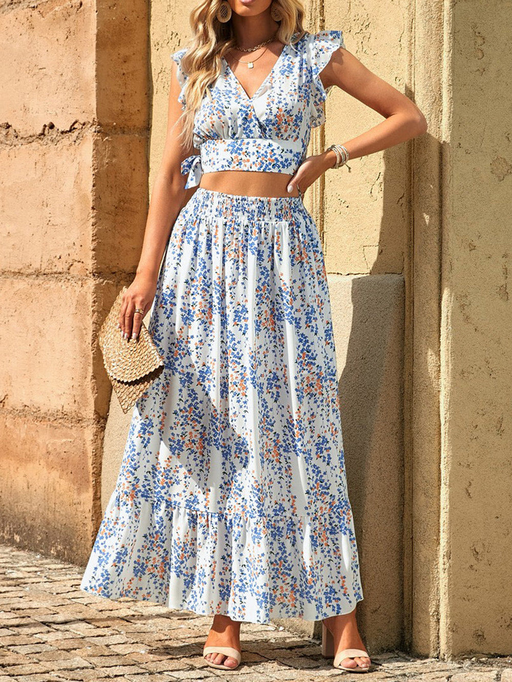 Printed Tie Back Cropped Top and Maxi Skirt Set