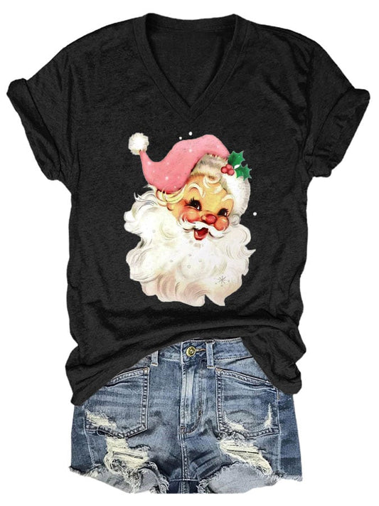 Christmas Retro Pink Santa Print T-Shirt