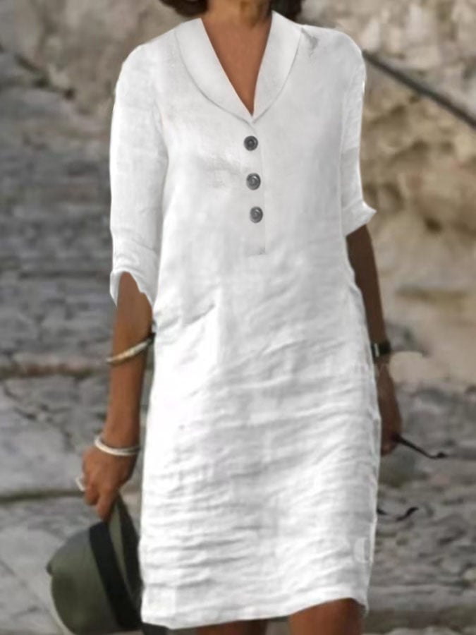 Ladies Cotton Linen Three Quarter Sleeve V Neck Button Casual Dress