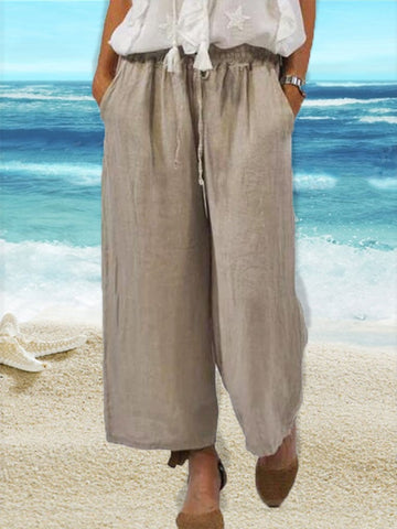 Women's Cotton Linen Casual Pocket Wide Leg Pants